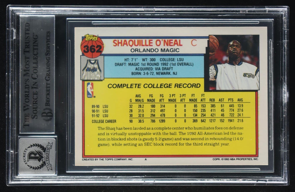 Signed Shaquille O’Neal 1992–93 Topps #362 Rookie Card – BGS Graded | Auto 10