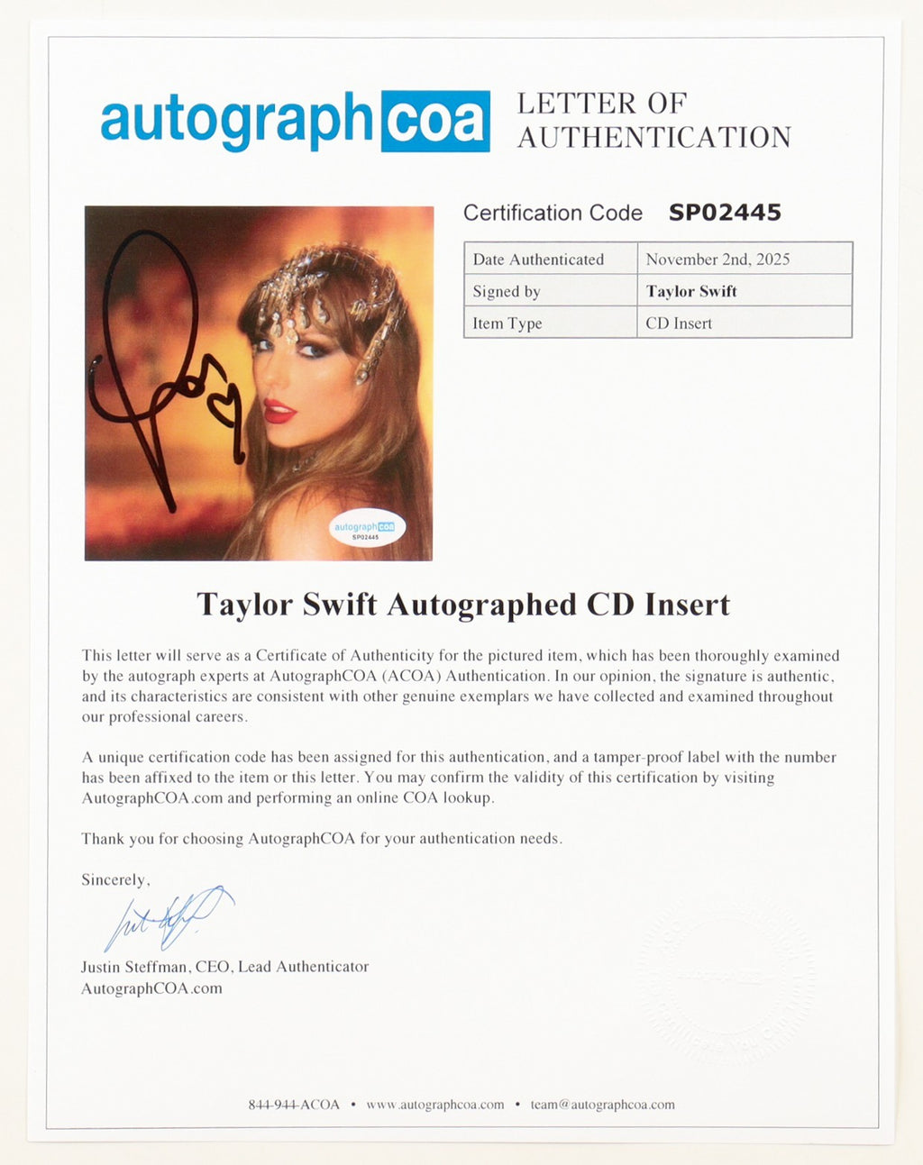 Taylor Swift Signed Custom Framed Life of a Showgirl CD Insert Display – JSA Cer