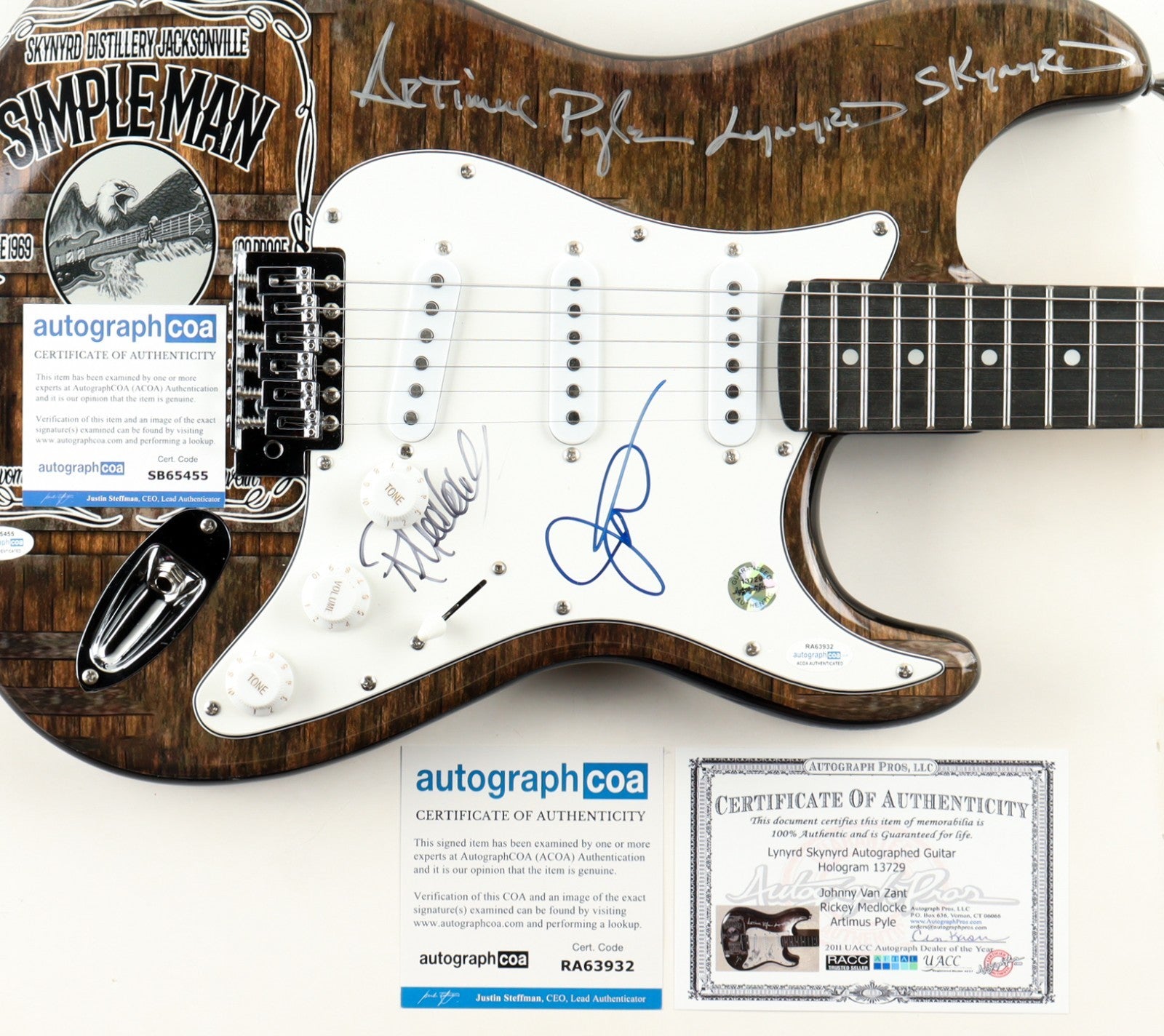 Johnny Van Zant, Rickey Medlocke & Artimus Pyle Signed Custom Guitar (ACOA)