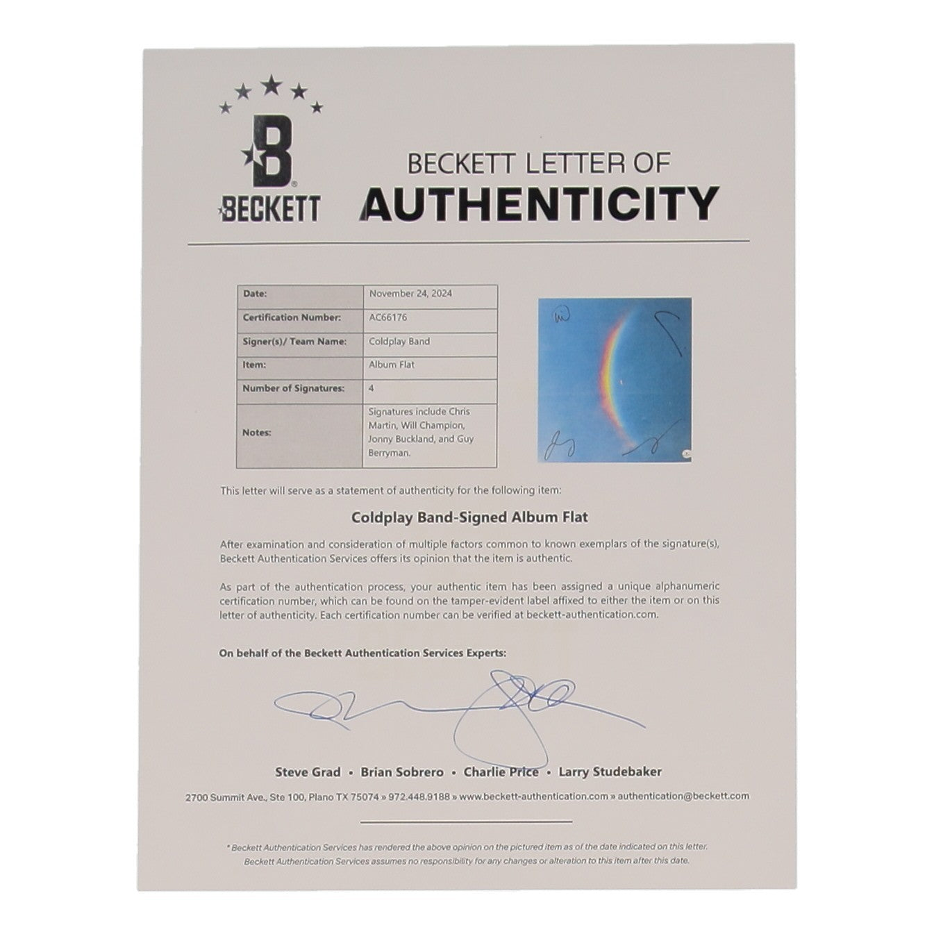 Coldplay “Moon Music” Album Flat – Fully Band-Signed - Beckett LOA